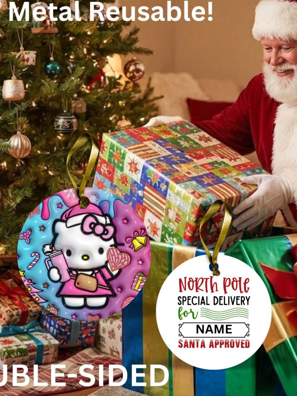 Hello Kitty Santa Reusable Metal Christmas Tag Personalized